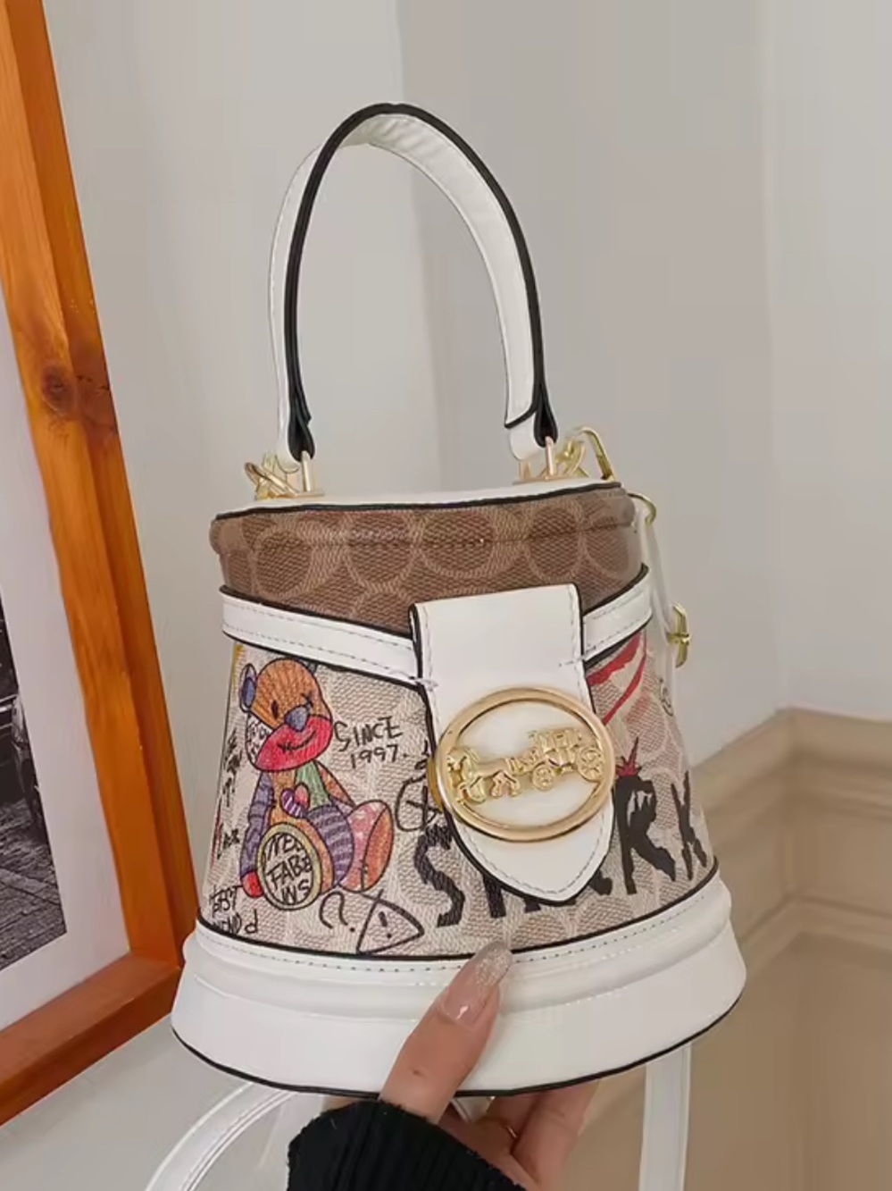 New designer inspired White and Brown Graphic Mini Top-Handle Bag